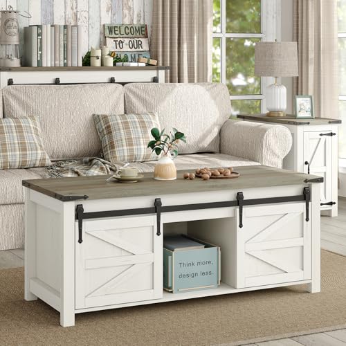 47.3" Lift Top Coffee Table with Storage and Barn Doors, White and Grey I616078