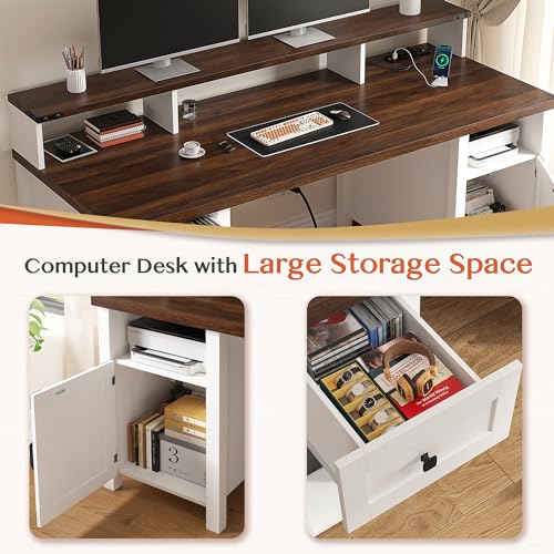 EnHomee Farmhouse Office Desk with Drawer & Power Outlets, Ash Gray K849