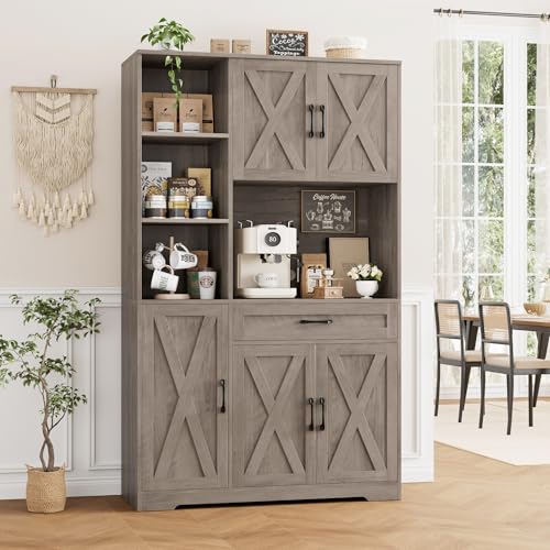 HOSTACK 71" Tall Kitchen Pantry Storage Cabinet with Microwave Stand, Barn Doors, Ash Grey H766476