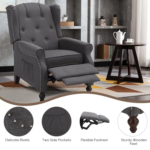 Wingback Recliner Chair with Massage and Heat, Tufted Fabric, Wooden Legs D91574