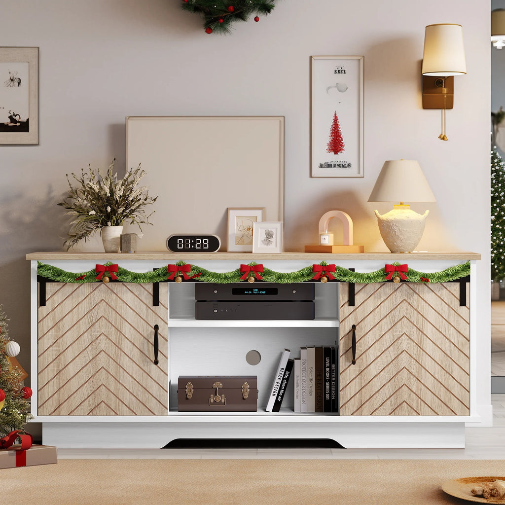 DWVO Farmhouse TV Stand for TVs up to 65 inch, Wood Entertainment Center with Outlets & USB Ports O39331