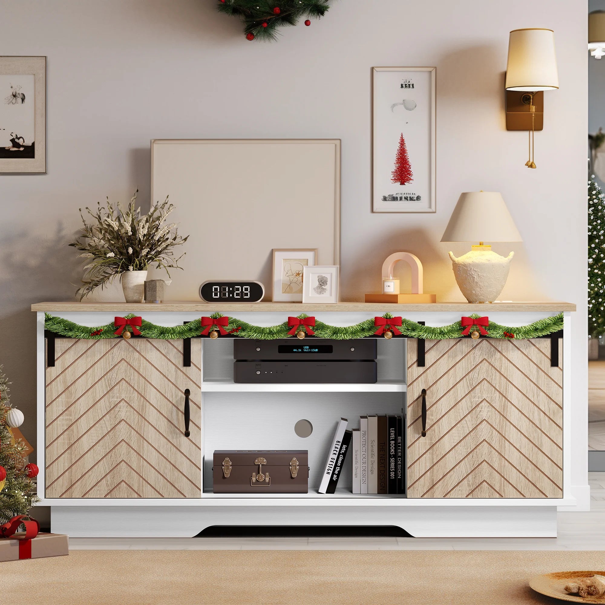 DWVO Farmhouse TV Stand for TVs up to 65 inch, Wood Entertainment Center with Outlets & USB Ports O39331