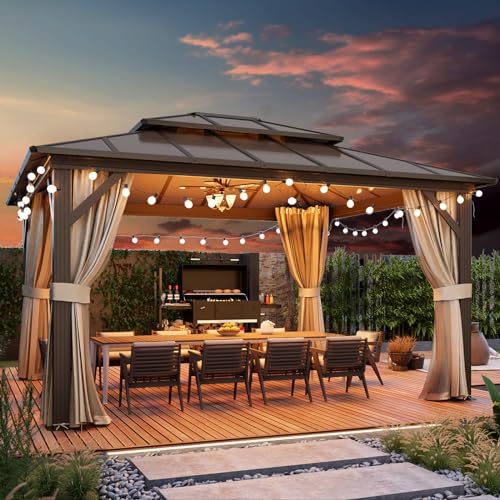 YOLENY 10'x13' Hardtop Gazebo with Aluminum Frame and Curtains F853