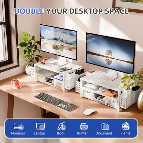 Simple Trending 2 Tier Metal Monitor Stand with Drawer and Pen Holder R17754