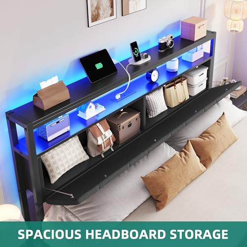 YITAHOME Queen Bed Frame with Storage Headboard, LED, Charging Station, Gray X281055