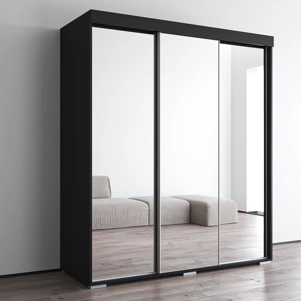 Aria 3 Door 71" Wide Modern High Gloss Wardrobe Armoire, Black with Mirror Fronts J441870