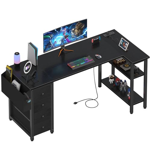 Lufeiya L Shaped Gaming Desk with Drawers & Power Outlet, Black A39519