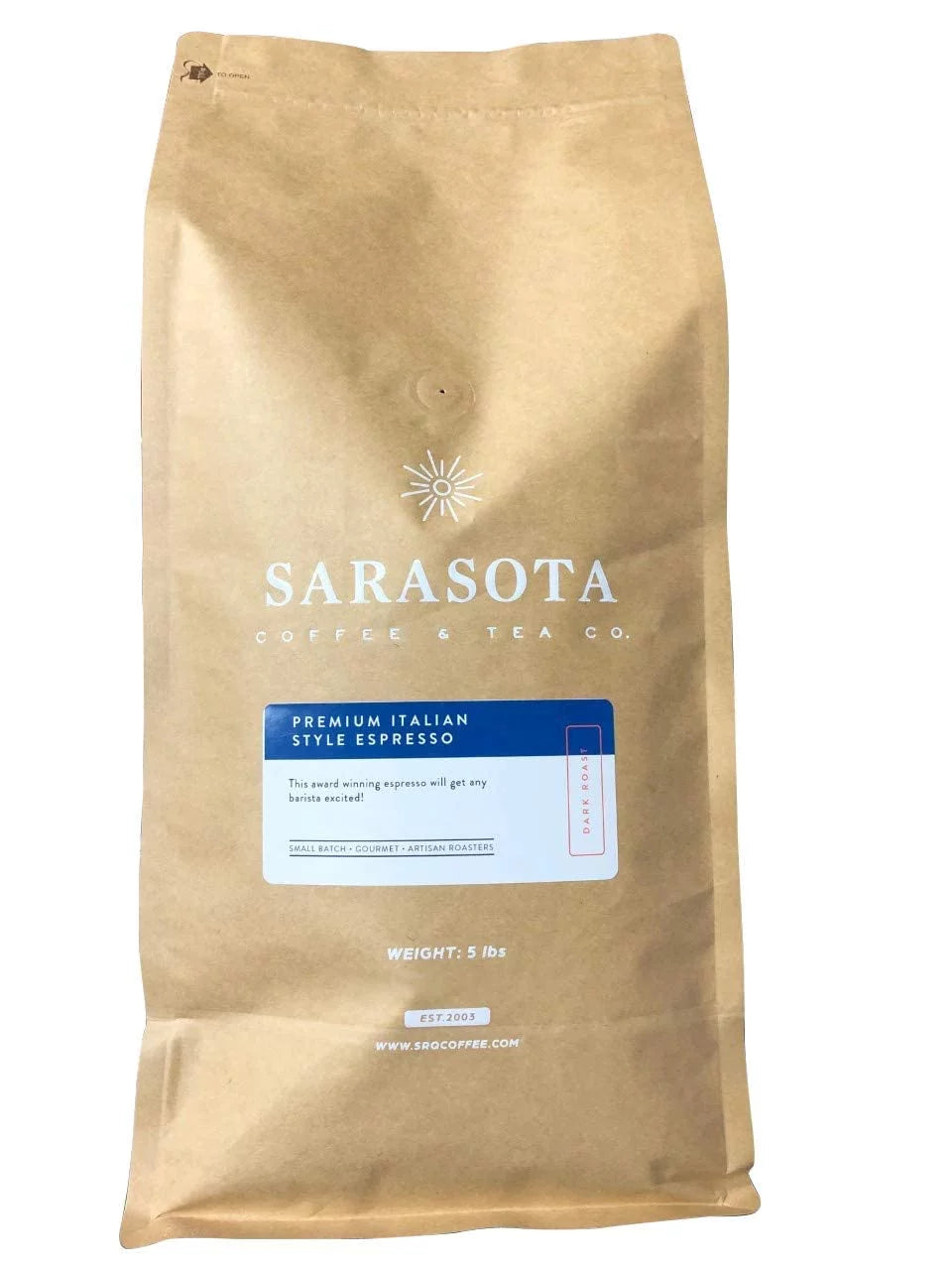 Sarasota Premium Espresso Ground Coffee, 5 lb bag, Premium Espresso Dark Roast, 100% Arabica Espresso Grind Ground, 100% Natural Coffee, 5Lb Bag Espresso