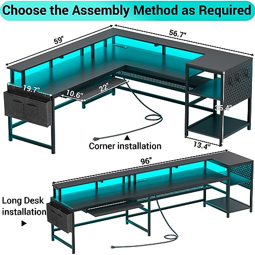SEDETA L Shaped Gaming Desk with Power Outlets & LED Strip, Black U65690