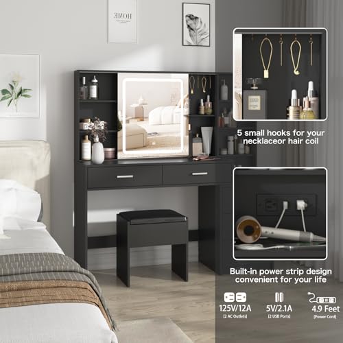 Fameill Vanity Desk with Mirror and Lights, 5 Drawers, Charging Station, White H302
