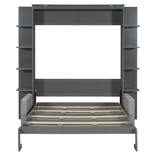 PURLOVE Queen Murphy Bed with Sofa, Wood Slat Support, Gray E27008
