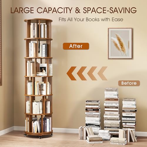 6 Tier Rotating Bookshelf Tower with Swivel Wheels, Solid Wood, Walnut B588