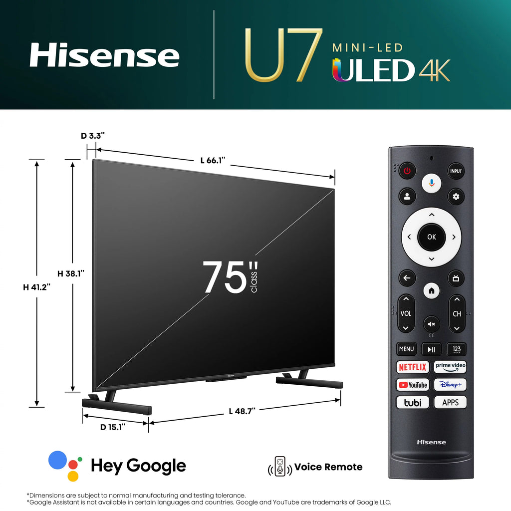 Hisense 75" Class U7 Series Mini-LED ULED 4K Google Smart TV (75U7K) T860
