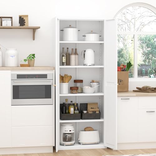 GREATMEET 65" Tall Kitchen Pantry Cabinet, White Metal Farmhouse Cupboard with Adjustable Shelves D202