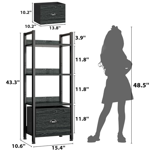 Furologee 5 Tier Bookshelf with Drawer, Industrial Tall Narrow Bookcase, Black T883828