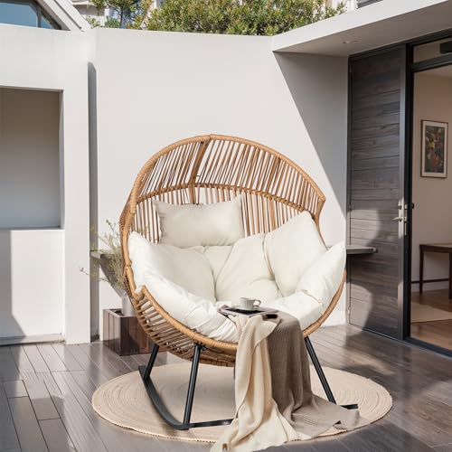 JAMFLY Egg Chair Wicker Outdoor Patio Lounger with Cushion, Beige O9160