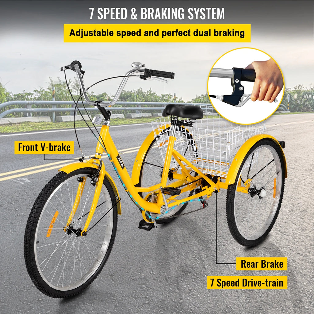 SKYSHALO Adult Tricycle 26in 7-Speed 3-Wheel Cruise Bike with Basket C45508