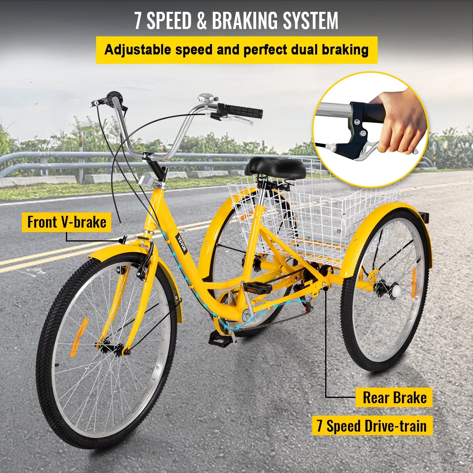 SKYSHALO Adult Tricycle 26in 7-Speed 3-Wheel Cruise Bike with Basket C45508