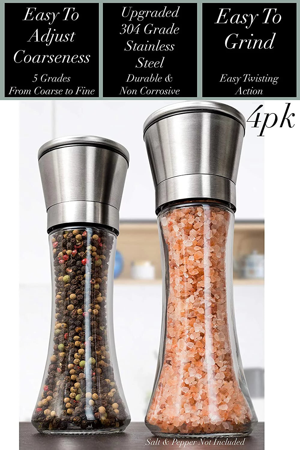 HOME EC Original Stainless Steel Salt and Pepper Grinder Set, Clear Glass, 4pk U3413