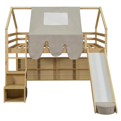 Harper & Bright Designs Kids Twin Low Loft Bed with Slide, Storage Shelves & Stairs, White/Pink C414827