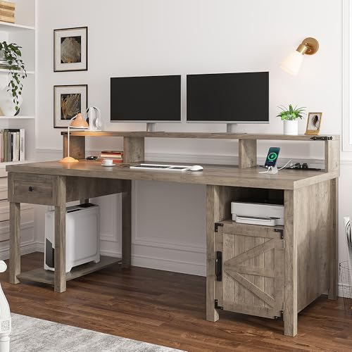 EnHomee Farmhouse Office Desk with Drawer & Power Outlets, Ash Gray K849