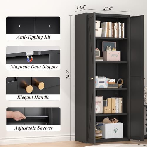 GREATMEET 65" Tall Kitchen Pantry Cabinet, White Metal Farmhouse Cupboard with Adjustable Shelves D202