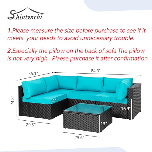 Shintenchi 5-Piece Outdoor Patio Sectional Sofa with Cushions and Glass Coffee Table, Aegean Blue U127322