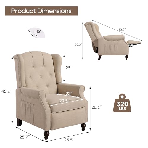 Wingback Recliner Chair with Massage and Heat, Tufted Fabric, Wooden Legs D91574