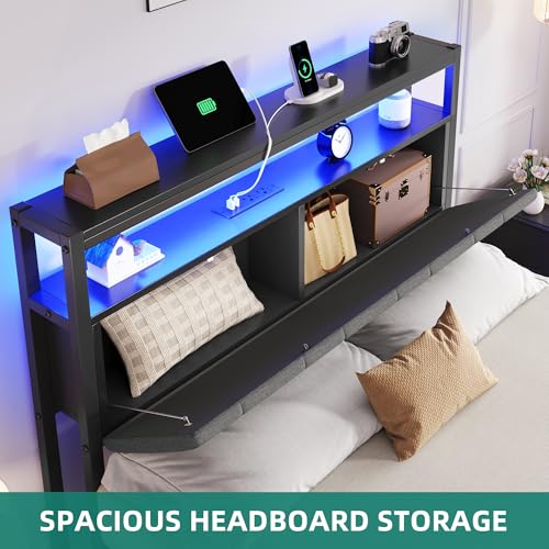 YITAHOME Queen Bed Frame with Storage Headboard, LED, Charging Station, Gray X281055