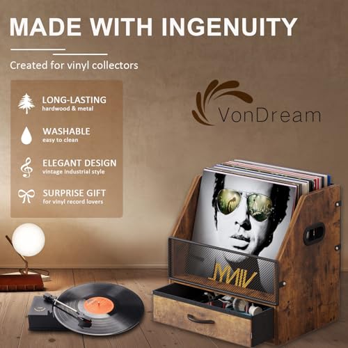 Vinyl Record Storage with Drawer, Metal & Wooden LP Crate, Holds 60 Records (Antique) R566