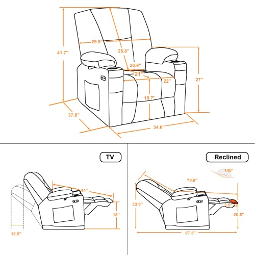 MCombo Zero Gravity Power Recliner Chair with Heat and Vibration Massage, USB & Type C Ports, Cup Holders, Fabric 8015 (Brown) Z599462