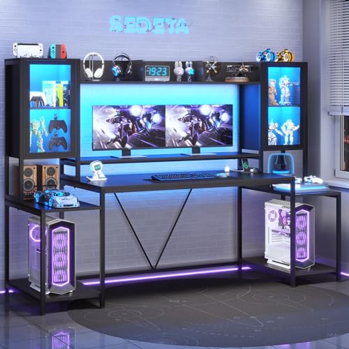 SEDETA Gaming Desk 74.8'' with LED Lights, Hutch and Storage Shelves, White W26827