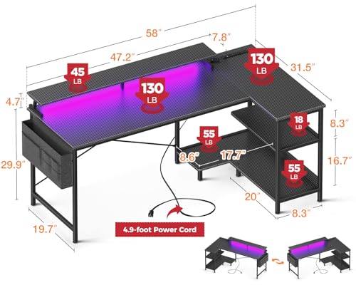 ODK 48 Inch L Shaped Gaming Desk with USB Charging Ports and LED Lights S136