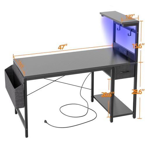 TIQLAB Gaming Desk 47 inch with Power Outlet and LED Light, Carbon Fiber Black P5873