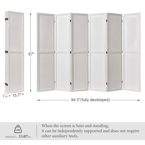 Pegboard Display 5.6Ft Wooden Room Divider Folding Privacy Screen Freestanding Wall Organizer, 4 Panels, Natural C603