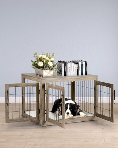 Wooden Dog Crate Furniture with Bed Mat, 32 Inch, 3 Doors, Greige X4054