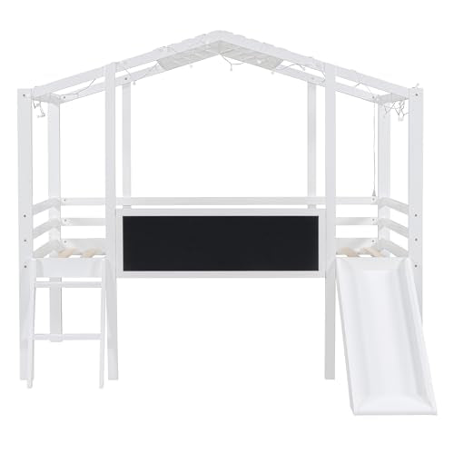 Harper & Bright Designs Kids Twin Low Loft Bed with Slide, Storage Shelves & Stairs, White/Pink C414827