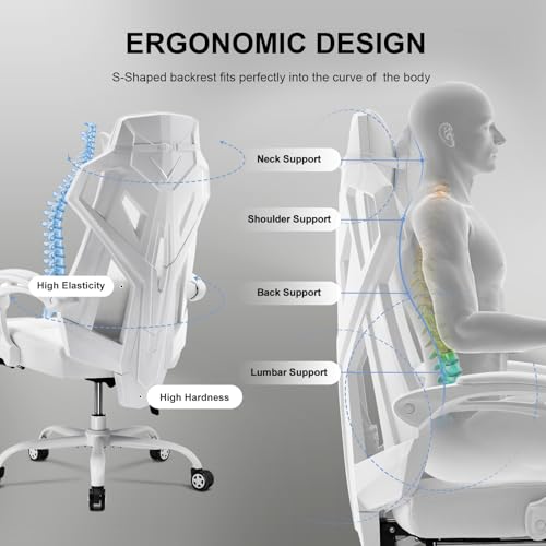 GTRACING Gaming Chair with Mesh Back, Footrest and Lumbar Support, White K3123