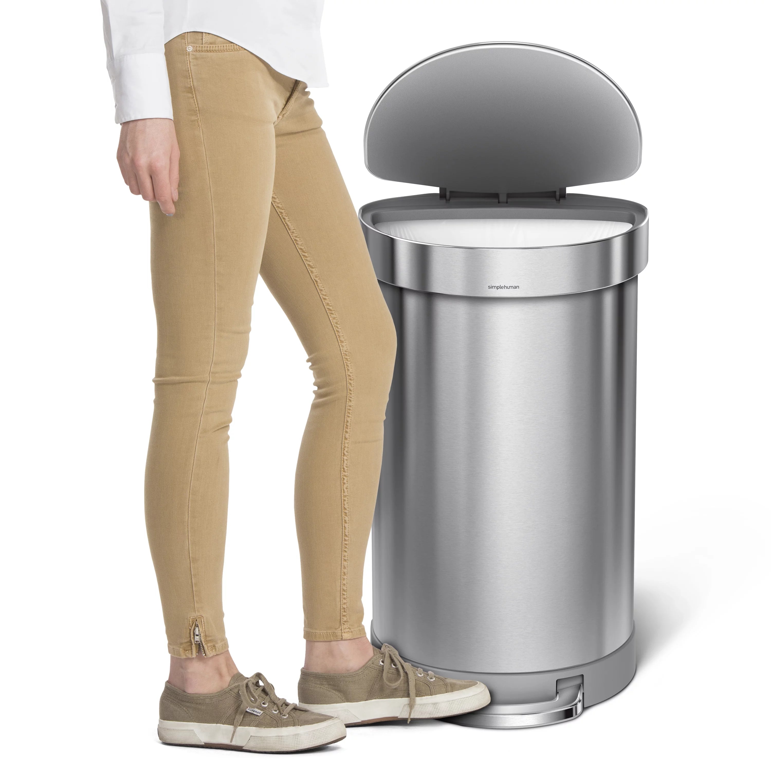 simplehuman 45 Liter Stainless Steel Semi-Round Step Trash Can with Soft-Close Lid T1432