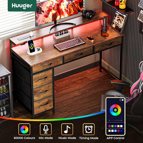 Huuger Gaming Desk with 6 Drawers, LED Lights, 47 Inch, Black N423283