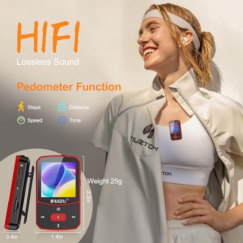 RUIZU 64GB Clip MP3 Player with Bluetooth 5.3, Red D1527