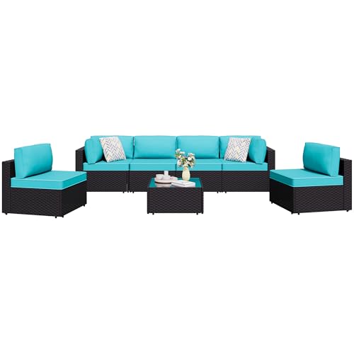 Shintenchi 5-Piece Outdoor Patio Sectional Sofa with Cushions and Glass Coffee Table, Aegean Blue U127322