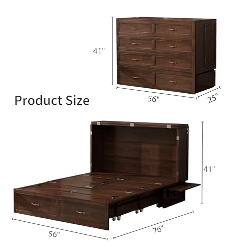 Solid Wood Murphy Bed Cabinet Full with USB Charging Ports and Storage Drawer, Ebony D190415