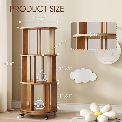 6 Tier Rotating Bookshelf Tower with Swivel Wheels, Solid Wood, Walnut B588
