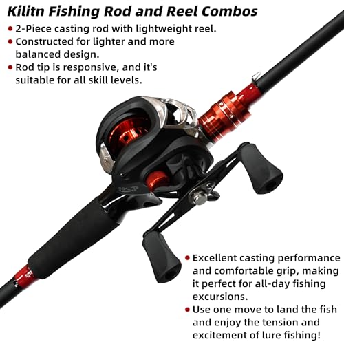Kilitn Fishing Rod and Reel Combo, Baitcasting, 6-7 Foot 2-Piece, Carbon Fiber Rod with EVA Handle V159940