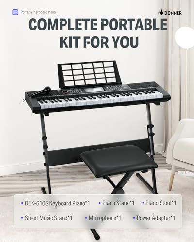 Donner 61 Key Keyboard Piano with Stand, Stool & Microphone, Black (DEK-610S) G165
