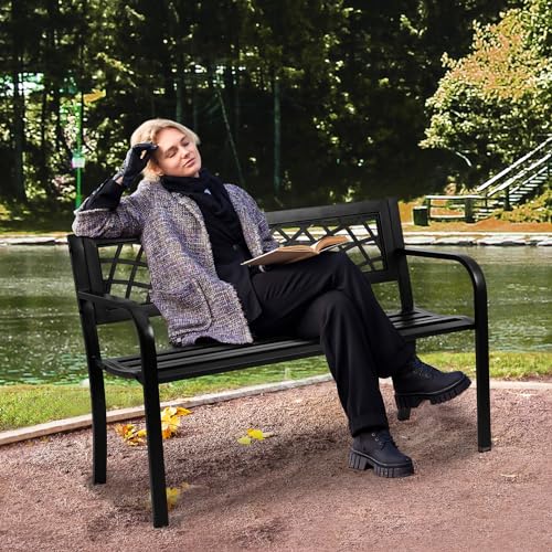 VEVOR Outdoor Metal Garden Bench with Backrest and Armrests, 46 Inches, 480 lbs Capacity N358