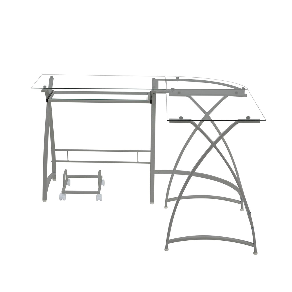 L-Shaped Corner Computer Desk with Clear Glass Pull-Out Keyboard Panel Y527