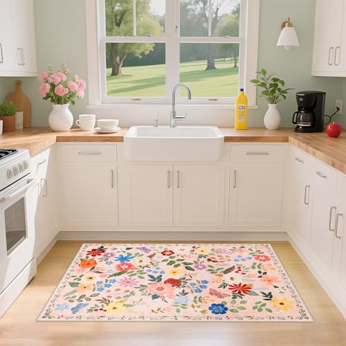 8x10 Floral Washable Area Rug for Living Room, Vintage Soft Non-Slip Carpet Z978379