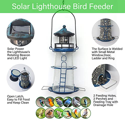 Solar Bird Feeder Lighthouse with Rotating LED Light, Blue G1024
